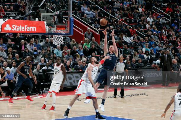 Henry Ellenson of the Detroit Pistons shoots the ball against the Toronto Raptors on April 9, 2018 at Little Caesars Arena in Detroit, Michigan. NOTE...