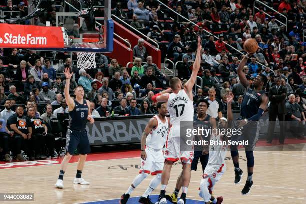 Reggie Jackson of the Detroit Pistons shoots the ball against the Toronto Raptors on April 9, 2018 at Little Caesars Arena in Detroit, Michigan. NOTE...