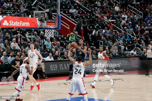 Ish Smith of the Detroit Pistons handles the ball against the Toronto Raptors on April 9, 2018 at Little Caesars Arena in Detroit, Michigan. NOTE TO...