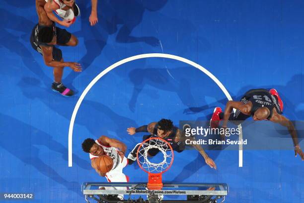 DeMar DeRozan of the Toronto Raptors handles the ball against the Detroit Pistons on April 9, 2018 at Little Caesars Arena in Detroit, Michigan. NOTE...