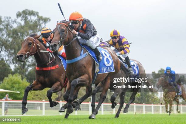 Rock Hard ridden by Chris Caserta wins the Toyota Yaris Members' Draw 2YO Maiden Plate at Seymour Racecourse on April 10, 2018 in Seymour, Australia.