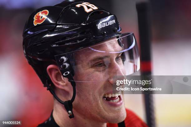 Calgary Flames Defenceman Michael Stone laughs during warm up before an NHL game where the Calgary Flames hosted the Las Vegas Golden Knights...