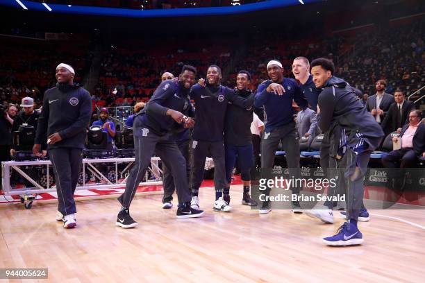 The Detroit Pistons seen on the court before the game against the Toronto Raptors on April 9, 2018 at Little Caesars Arena in Detroit, Michigan. NOTE...