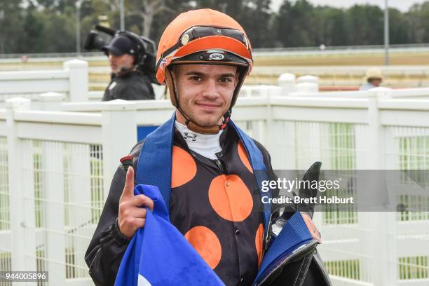 Chris Caserta after winning the Toyota Yaris Members' Draw 2YO Maiden Plate at Seymour Racecourse on April 10, 2018 in Seymour, Australia.