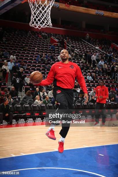 Norman Powell of the Toronto Raptors warms up before the game against the Detroit Pistons on April 9, 2018 at Little Caesars Arena in Detroit,...