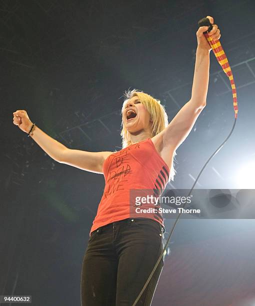 Hayley Williams of Paramore performs on stage at NIA Arena on December 11, 2009 in Birmingham, England.