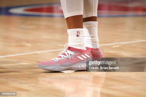 The sneakers of Kyle Lowry of the Toronto Raptors seen during the game against the Detroit Pistons on April 9, 2018 at Little Caesars Arena in...