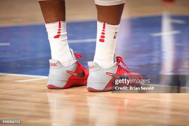 The sneakers of Norman Powell of the Toronto Raptors seen during the game against the Detroit Pistons on April 9, 2018 at Little Caesars Arena in...