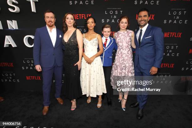 Toby Stephens, Molly Parker, Taylor Russell, Maxwell Jenkins, Mina Sundwall, and Ignacio Serricchio attend Netflix's "Lost In Space" Los Angeles...