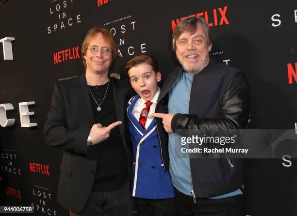 Bill Mumy, Maxwell Jenkins, and Mark Hamill attend Netflix's "Lost In Space" Los Angeles premiere on April 9, 2018 in Los Angeles, California.