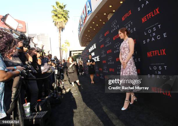 Mina Sundwall attends Netflix's "Lost In Space" Los Angeles premiere on April 9, 2018 in Los Angeles, California.