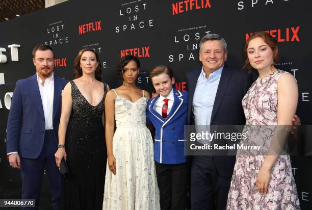 Toby Stephens, Molly Parker, Taylor Russell, Maxwell Jenkins, Chief Content Officer, Netflix, Ted Sarandos, and Mina Sundwall attend Netflix's "Lost...