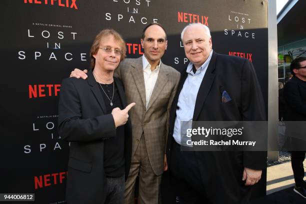 Bill Mumy, Jon Jashni, and Kevin Burns attend Netflix's "Lost In Space" Los Angeles premiere on April 9, 2018 in Los Angeles, California.