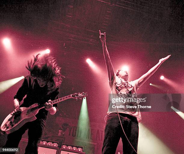 Chris Miller and Josh Franceschi of You Me At Six perform on stage at NIA Arena on December 11, 2009 in Birmingham, England.