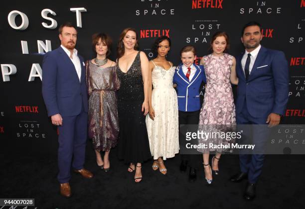 Toby Stephens, Parker Posey, Molly Parker, Taylor Russell, Maxwell Jenkins, Mina Sundwall, and Ignacio Serricchio attend Netflix's "Lost In Space"...
