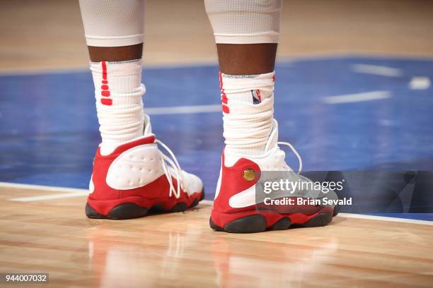 The sneakers of CJ Miles of the Toronto Raptors seen during the game against the Detroit Pistons on April 9, 2018 at Little Caesars Arena in Detroit,...