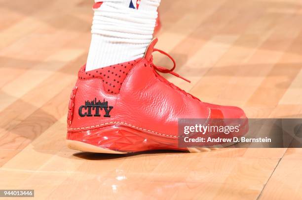 The sneakers of Montrezl Harrell of the LA Clippers are seen during the game against the New Orleans Pelicans on April 9, 2018 at STAPLES Center in...