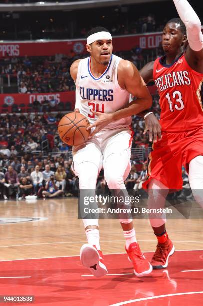 Tobias Harris of the LA Clippers handles the ball against the New Orleans Pelicans on April 9, 2018 at STAPLES Center in Los Angeles, California....