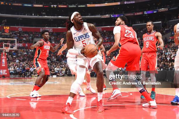 Montrezl Harrell of the LA Clippers handles the ball against the New Orleans Pelicans on April 9, 2018 at STAPLES Center in Los Angeles, California....