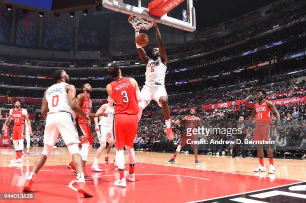 Montrezl Harrell of the LA Clippers dunks against the New Orleans Pelicans on April 9, 2018 at STAPLES Center in Los Angeles, California. NOTE TO...