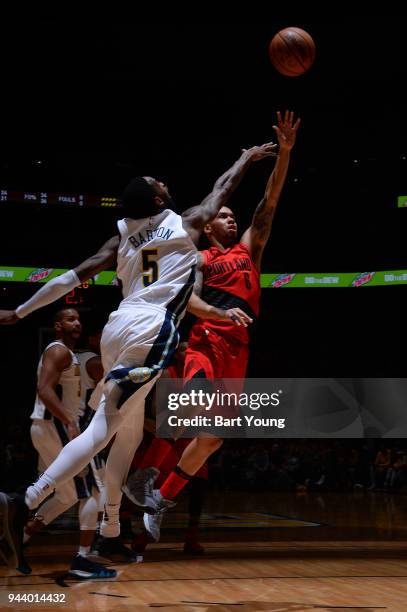 Shabazz Napier of the Portland Trail Blazers shoots the ball against the Denver Nuggets on April 9, 2018 at the Pepsi Center in Denver, Colorado....