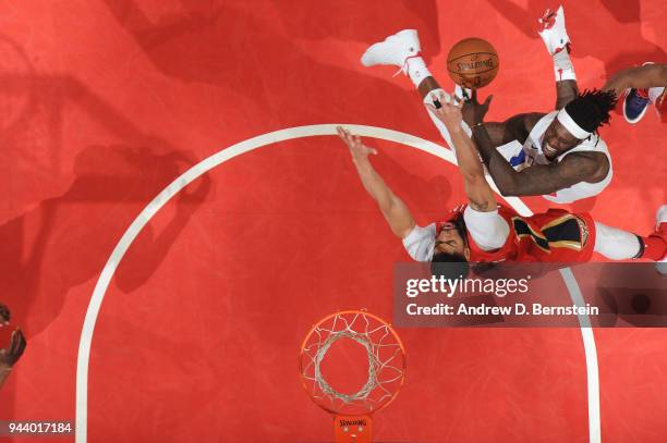 Montrezl Harrell of the LA Clippers goes to the basket against the New Orleans Pelicans on April 9, 2018 at STAPLES Center in Los Angeles,...