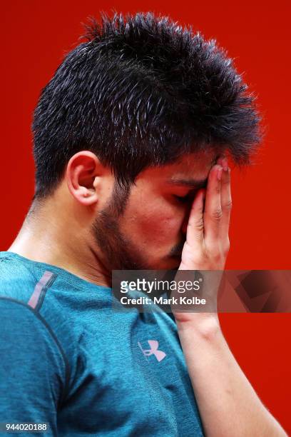 Fahad Khawaja of Pakistan looks dejected during his Men's Singles Group 6 Table Tennis match against Akhilen Yogarajah of Mauritius on day six of the...