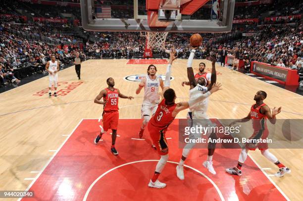 Montrezl Harrell of the LA Clippers goes to the basket against the LA Clippers on April 9, 2018 at STAPLES Center in Los Angeles, California. NOTE TO...