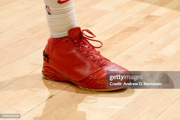 The sneakers of Montrezl Harrell of the LA Clippers are seen during the game against the New Orleans Pelicans on April 9, 2018 at STAPLES Center in...