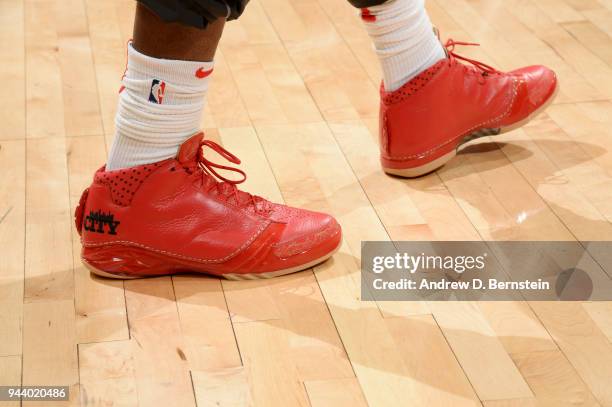 The sneakers of Montrezl Harrell of the LA Clippers are seen during the game against the New Orleans Pelicans on April 9, 2018 at STAPLES Center in...