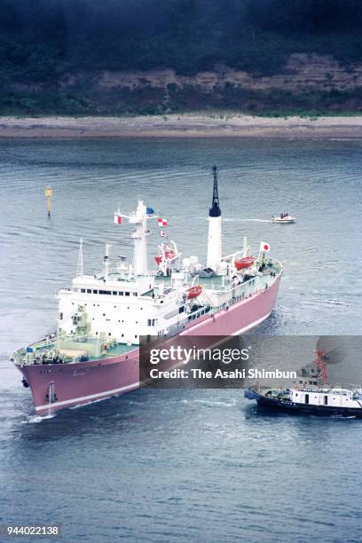 In this aerial image, nuclear ship Mutsu is seen departing Sekinehama Port on July 10, 1990 in Mutsu, Aomori, Japan.