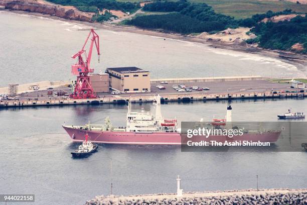 In this aerial image, nuclear ship Mutsu is seen departing Sekinehama Port on July 10, 1990 in Mutsu, Aomori, Japan.