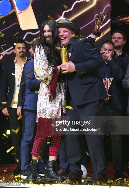 Conchita Wurst and Ben Becker with award during the 13th Live Entertainment Award 2018 at Festhalle Frankfurt on April 9, 2018 in Frankfurt am Main,...