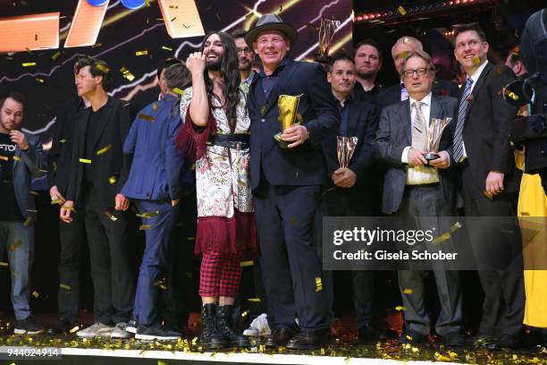 Conchita Wurst and Ben Becker with award during the 13th Live Entertainment Award 2018 at Festhalle Frankfurt on April 9, 2018 in Frankfurt am Main,...