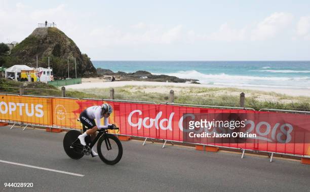 New Zealand's Linda Villumsen during the Cycling Time Trial on day six of the Gold Coast 2018 Commonwealth Games at Currumbin Beachfront on April 10,...