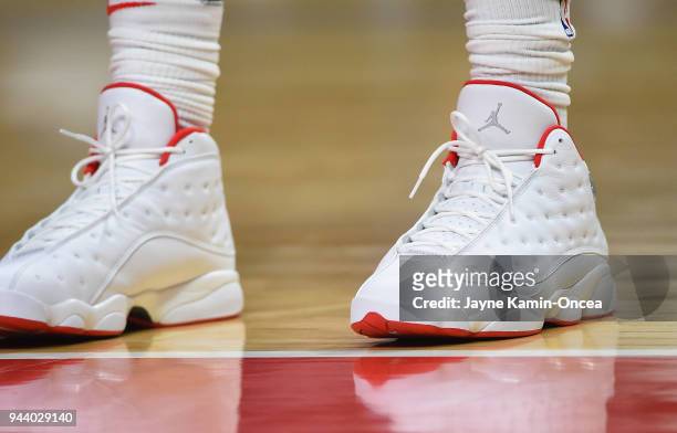 The basketball shoes worn by Montrezl Harrell of the Los Angeles Clippers during the second half of the game against the New Orleans Pelicans at...