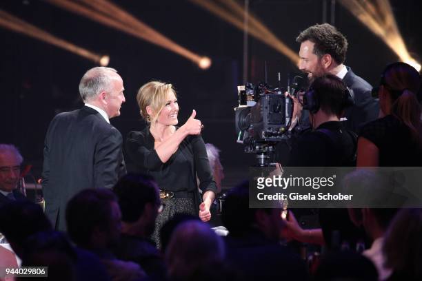 Helene Fischer and her manager Uwe Kanthak and Ingo Nommsen during the 13th Live Entertainment Award 2018 at Festhalle Frankfurt on April 9, 2018 in...