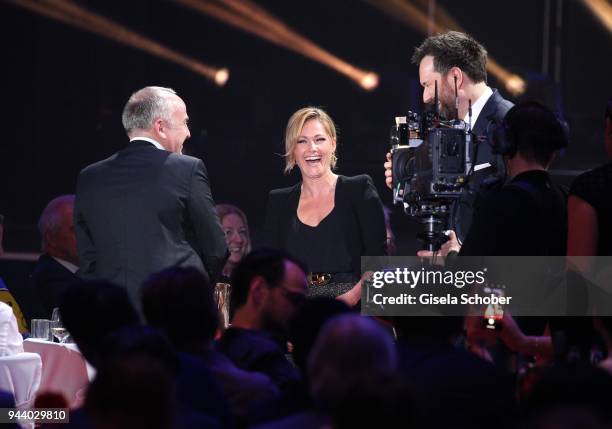 Helene Fischer and her manager Uwe Kanthak and Ingo Nommsen during the 13th Live Entertainment Award 2018 at Festhalle Frankfurt on April 9, 2018 in...