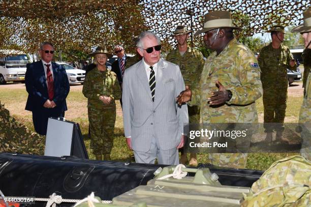 Prince Charles, Prince of Wales visits the Larrakeyah Defence Precinct on April 10, 2018 in Darwin, Australia. The Prince of Wales and Duchess of...