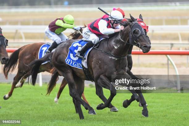 Streetshavenoname ridden by Nathan Punch wins the Mitchelton Wines BM58 Handicap at Seymour Racecourse on April 10, 2018 in Seymour, Australia.