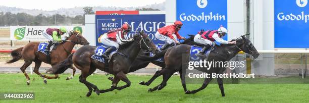 Streetshavenoname ridden by Nathan Punch wins the Mitchelton Wines BM58 Handicap at Seymour Racecourse on April 10, 2018 in Seymour, Australia.