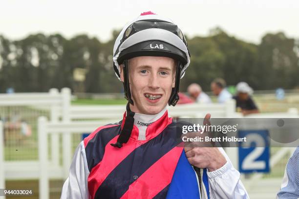 Nathan Punch after winning the Mitchelton Wines BM58 Handicap at Seymour Racecourse on April 10, 2018 in Seymour, Australia.