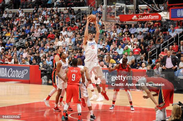 Boban Marjanovic of the LA Clippers goes to the basket against the New Orleans Pelicans on April 9, 2018 at STAPLES Center in Los Angeles,...