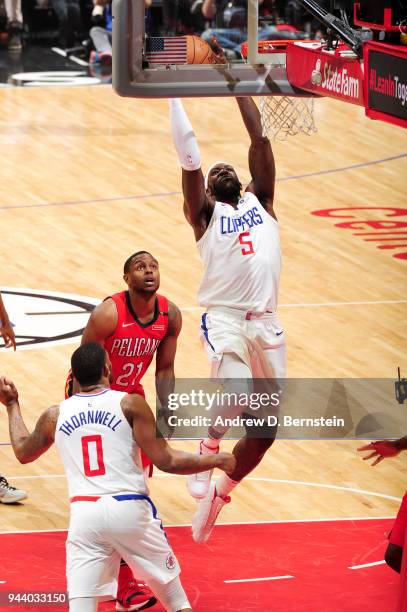 Montrezl Harrell of the LA Clippers goes to the basket against the New Orleans Pelicans on April 9, 2018 at STAPLES Center in Los Angeles,...