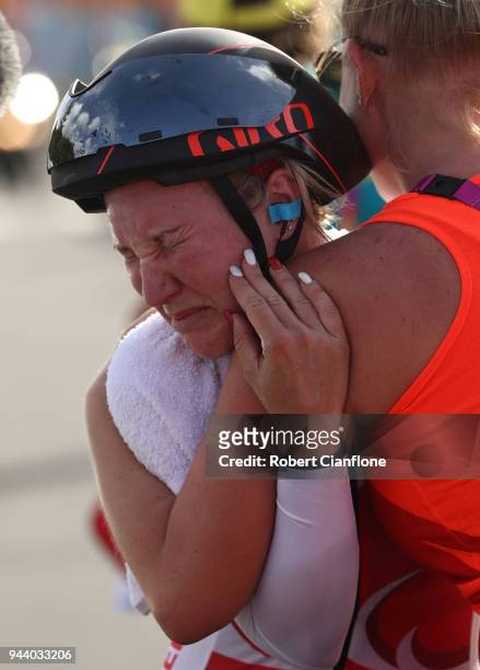 Hayley Simmonds of England reacts after wnning the bronze medal during the Cycling Time Trial on day six of the Gold Coast 2018 Commonwealth Games at...