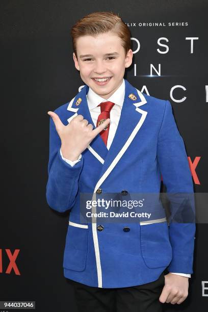 Maxwell Jenkins attends the "Lost In Space" Season 1 Premiere at ArcLight Cinerama Dome on April 9, 2018 in Hollywood, California.