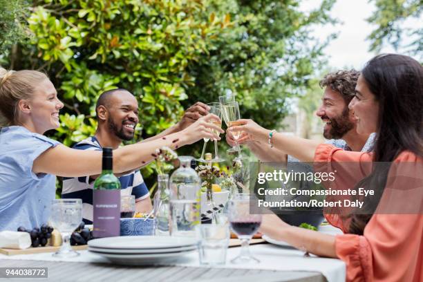 smiling friends having lunch toasting with champagne glasses on garden patio - cheese and champagne stock pictures, royalty-free photos & images