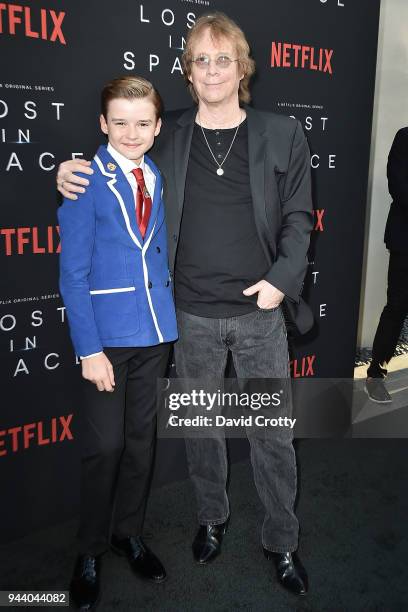 Maxwell Jenkins and Bill Mumy attend the "Lost In Space" Season 1 Premiere at ArcLight Cinerama Dome on April 9, 2018 in Hollywood, California.