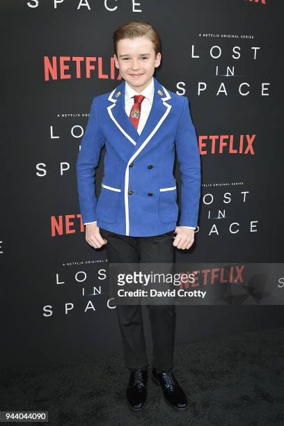 Maxwell Jenkins attends the "Lost In Space" Season 1 Premiere at ArcLight Cinerama Dome on April 9, 2018 in Hollywood, California.
