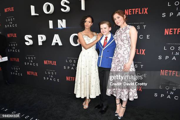 Taylor Russell, Maxwell Jenkins and Mina Sundwall attend the "Lost In Space" Season 1 Premiere at ArcLight Cinerama Dome on April 9, 2018 in...